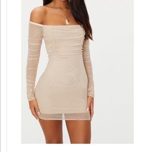 Stone Ruched Mesh Bardot Bodycon Dress